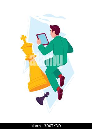 Illustration of a man in a business suit with a tablet. A businessman among chess pieces symbolizes business strategy, career growth and success in bu Stock Vector