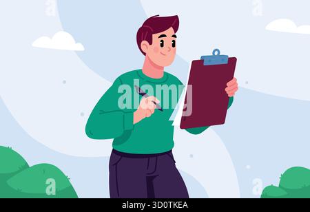 An illustration of a man in a green sweater, he holds a tablet with papers and a pen, thinking over notes. Checks the list. The illustration is suitab Stock Vector