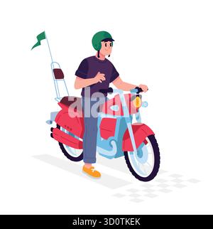 A young man in a motorcycle helmet riding a sports motorcycle, holding onto the steering wheel of a retro motorcycle. The illustration is isolated on Stock Vector