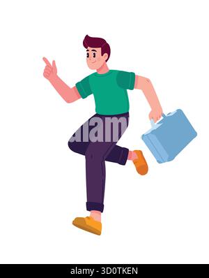 Illustration of a man in casual clothes running with a briefcase, pointing forward and upward. The concept of travel, movement, business trip or the Stock Vector