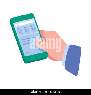 Illustration of a hand holding a smartphone. The application interface on the phone screen. A symbol of non-cash payments and banking services. The co Stock Vector