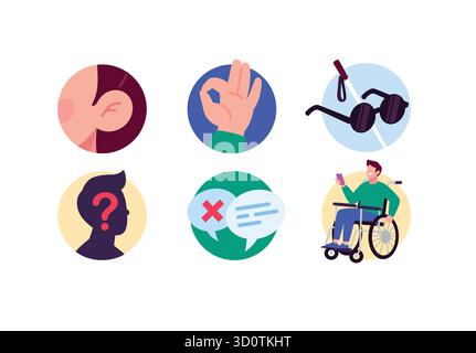 Icons that symbolize accessibility: an ear, an "ok" gesture, glasses for the visually impaired, a question mark in the profile, dialog boxes, and a pe Stock Vector