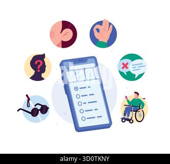 An illustration with a smartphone screen, surrounded by symbols: ears, gestures, ticks and crosses, as well as a man in a wheelchair. The theme is acc Stock Vector