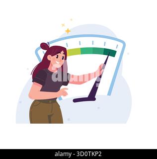 The girl stands at the speedometer and measures the speed. Measuring the speed of the Internet or other devices. Illustration for design projects, web Stock Vector