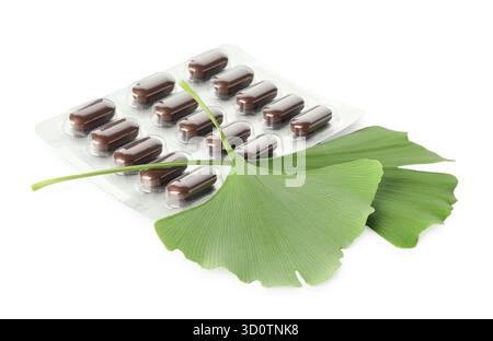 Ginkgo biloba leaves and pills isolated on white Stock Photo