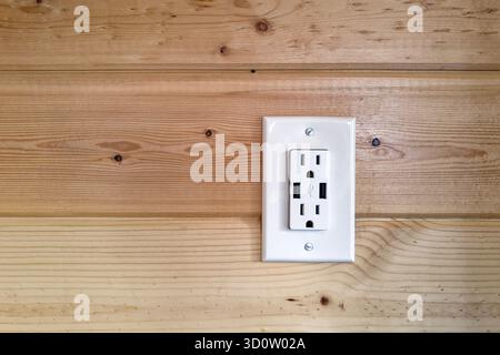 A dual 110-volt electrical outlet with USB connections on a wood-paneled wall Stock Photo