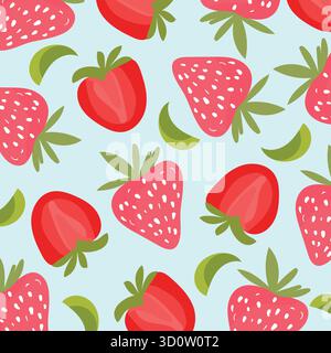 Berries seamless pattern with strawberry and flowers in flat design. Simple vector illustration. Stock Vector