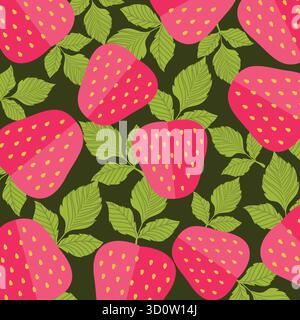 Berries seamless pattern with strawberry and flowers in flat design. Simple vector illustration. Stock Vector