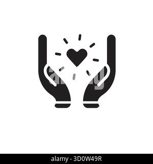 Black isolated outline icon of heart in hands on white background. Line icon of heart and hands. Symbol of care, love, charity.illustration of charity Stock Vector