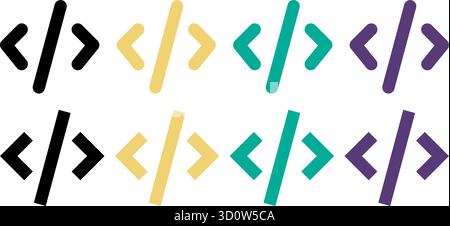 Set of vector coding bracket icons in multiple colors with rounded and angular styles, designed for development, UI, and programming projects Stock Vector