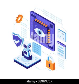 Isometric AI Cybersecurity System with Biometric Identification Method and Password. AI Powered Cybersecurity System Concept Stock Vector