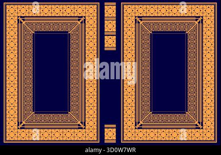 Elegant ornamental frame border featuring intricate geometric patterns on a navy blue background, perfect for adding a touch of sophistication to any Stock Vector