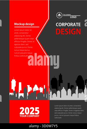 Red and grey corporate business flyer template featuring a city skyline Stock Vector