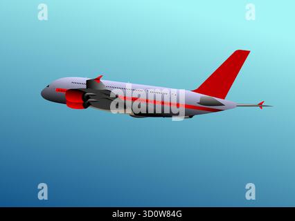 Illustration featuring a big passenger airplane flying high in the blue sky Stock Vector