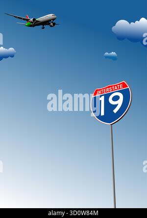 Airplane is flying over an interstate 19 road sign, with a bright blue sky and fluffy white clouds in the background Stock Vector