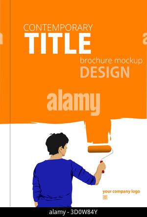 Painter man painting a wall orange with a paint roller. Modern brochure title Stock Vector