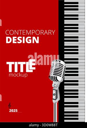 Contemporary design with vintage microphone standing next to piano keys on red background Stock Vector