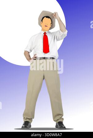 Businessman is standing with his hand on his hip while tipping his cowboy hat Stock Vector