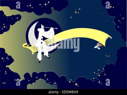 Pierrot playing clarinet sitting on crescent moon with empty banner ribbon in starry night sky Stock Vector