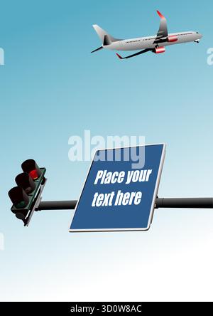 Airplane flying in a clear blue sky over a traffic light and a blank road sign Stock Vector