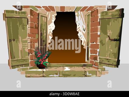 Old brick wall with open window showing torn curtains and a view into a dark room Stock Vector
