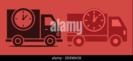 Express delivery and logistics icon set, truck with clock logo on red background. Stock Vector