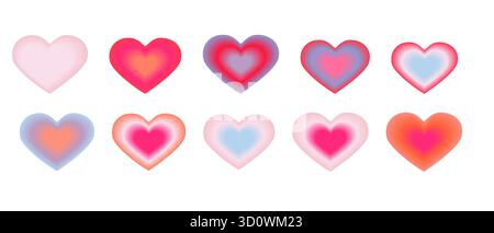 y2k gradient hearts vector collection. Blurred shapes in trendy cherry, red, blue and pink colors. Aura hearts for creative design. Modern vector illu Stock Vector