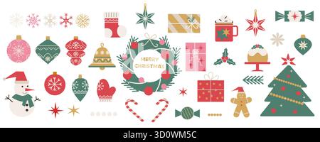 Merry Christmas geometric icons set. Modern minimal vector illustrations of fir tree, wreath, gifts, ornaments, snowman, candy. Xmas abstract flat dec Stock Vector
