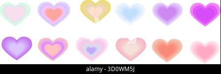 Heart aura shapes vector set. Gradient aesthetic romantic elements heart collection in purple, red, green and blue colors. Blurred trendy 3d shapes fo Stock Vector