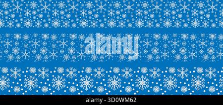 Snowflake seamless borders set. Winter holidays borders with white snowflakes on blue background. Simple modern vector illustrations for christmas tap Stock Vector