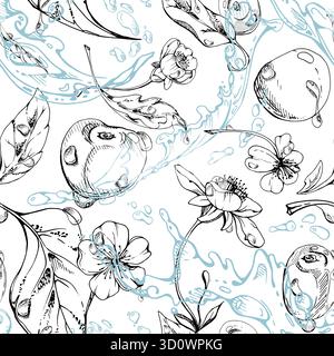 Sweet sour cerise cherry flying in water, waves splashes drops, watercolor hand drawn, ripe red berry leaves white flowers. Seamless pattern tile Stock Vector