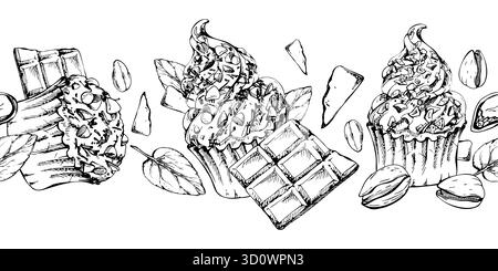 Chocolate shavings, pistachio crumbles on cupcakes, mousse crowned muffins, fresh mint leaves hand drawn in vector ink. Seamless graphic for seasonal Stock Vector
