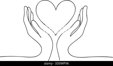 Single continuous line of hands holding heart on a white background. Black thin line of the hands with heart.. Stock Vector