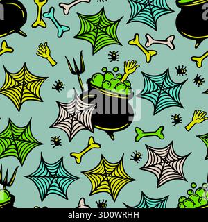 Halloween Cauldron Vector Seamless Pattern in Neon Green and Yellow Colors. Wallpaper Background with Hand Drawn Illustrations, Cute Festive Cartoon Stock Vector