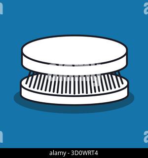 A circular soap puck sits above a low bristle brush on a blue square representing cleansing and coat scrubbing Stock Vector