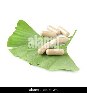 Ginkgo biloba leaves and pills isolated on white Stock Photo