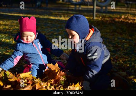 Two toddlers playing joyfully in a pile of autumn leaves at the playground, dressed warmly in colorful snowsuits and gloves, enjoying the golden fall Stock Photo