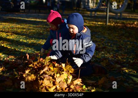 Two toddlers playing joyfully in a pile of autumn leaves at the playground, dressed warmly in colorful snowsuits and gloves, enjoying the golden fall Stock Photo