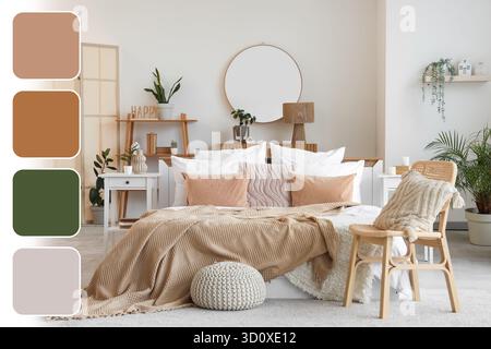 Stylish interior of bedroom. Different color patterns Stock Photo