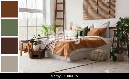 Stylish interior of bedroom. Different color patterns Stock Photo