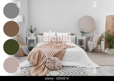 Stylish interior of bedroom. Different color patterns Stock Photo