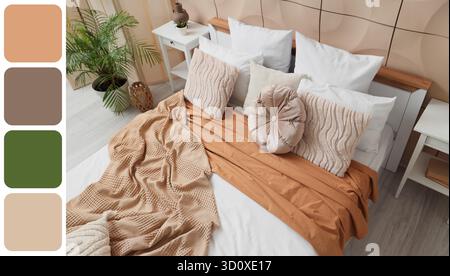 Stylish interior of bedroom. Different color patterns Stock Photo