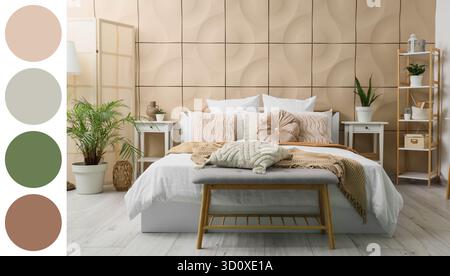 Stylish interior of bedroom. Different color patterns Stock Photo