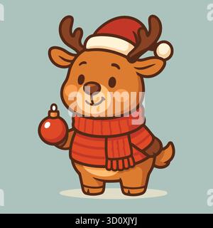 Cute cartoon Christmas reindeer wearing red scarf and Santa hat holding ornament on blue background Stock Vector
