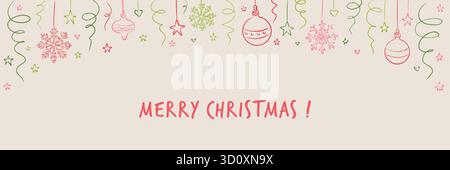 Merry Christmas and Happy New Year cute girly coquette background. Crayon, pencil, chalk doodle sketch drawing. Christmas tree bauble, snowflake, star Stock Vector