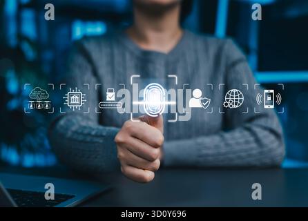 Biometric Identity Authentication System. Using biometric fingerprint scanning for secure login, representing digital identity, cybersecurity, Stock Photo