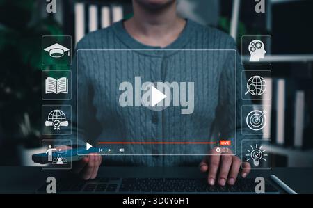 Online Education and E-Learning Concept. Live online education class streaming, Icons representing distance learning, knowledge sharing, educational Stock Photo