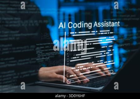 AI coding assistant helping developer write code on laptop with virtual interface, symbolizing artificial intelligence in programming, automation Stock Photo