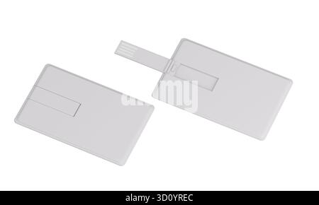 USB card isolated mockup. 3D rendering of two minimalist rectangular USB flash drives with a flip-out connector, displayed on a clean white background Stock Photo