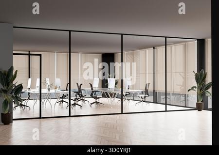 Modern office meeting room with glass walls, isolated mockup. 3D rendering. Stock Photo